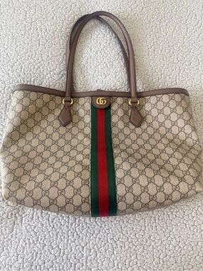 Beige Monogram Canvas Tote with Green-Red Web Stripe